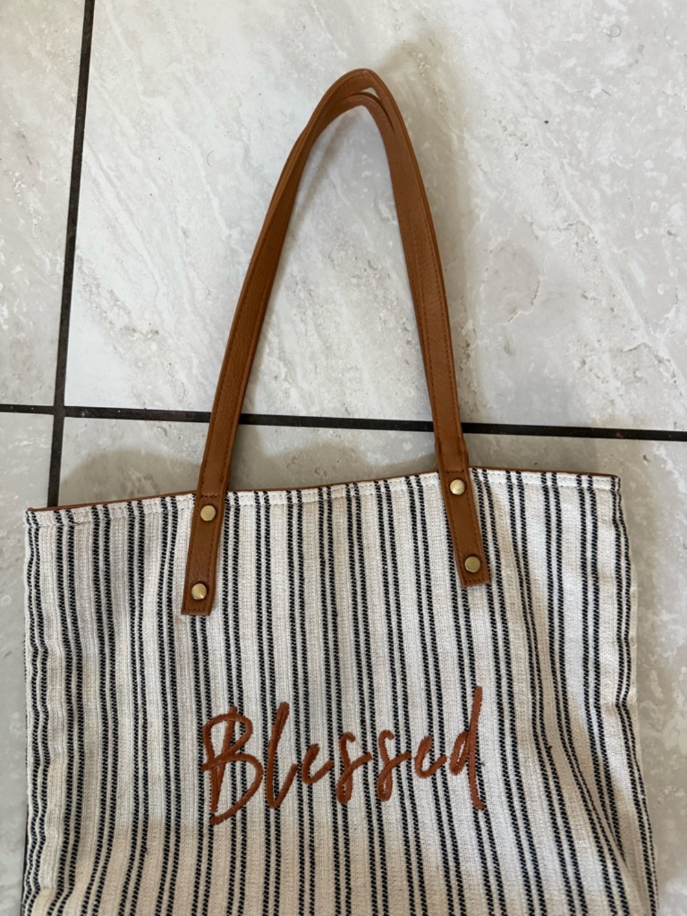 Striped 'Blessed' Canvas Tote with Brown Handles
